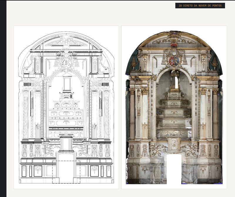 Desenho de linha e ortofoto do retábulo-mor barroco